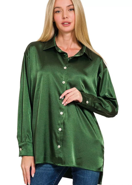 Zenana Satin Button Down Long Sleeve Shirt - Sleekdenim.com