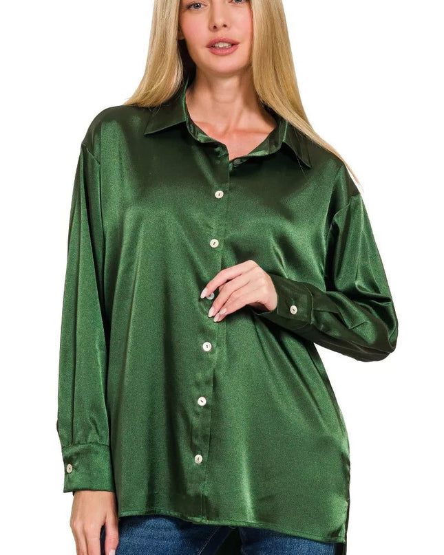 Zenana Satin Button Down Long Sleeve Shirt - Sleekdenim.com
