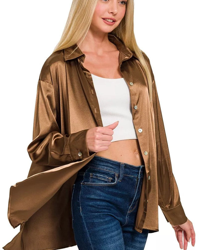 Zenana Satin Button Down Long Sleeve Shirt - Sleekdenim.com