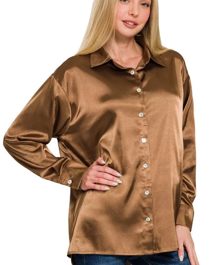 Zenana Satin Button Down Long Sleeve Shirt - Sleekdenim.com