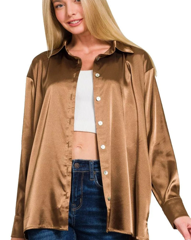Zenana Satin Button Down Long Sleeve Shirt - Sleekdenim.com