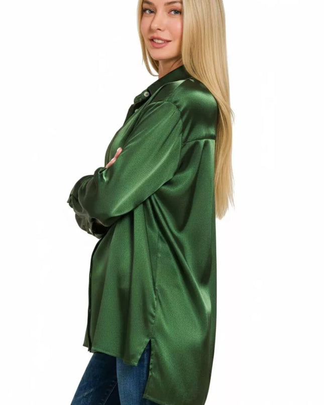 Zenana Satin Button Down Long Sleeve Shirt - Sleekdenim.com