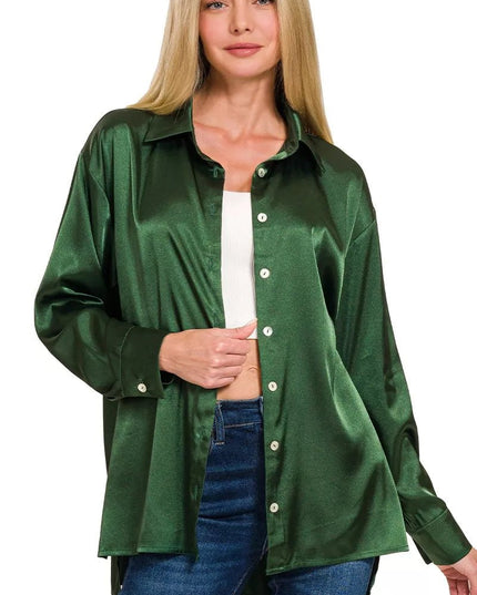 Zenana Satin Button Down Long Sleeve Shirt - Sleekdenim.com