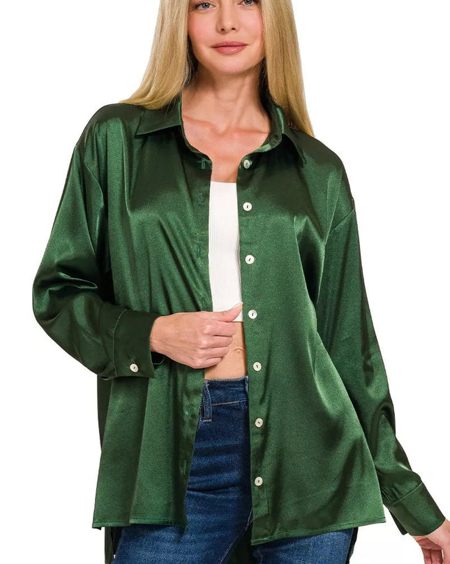 Zenana Satin Button Down Long Sleeve Shirt - Sleekdenim.com