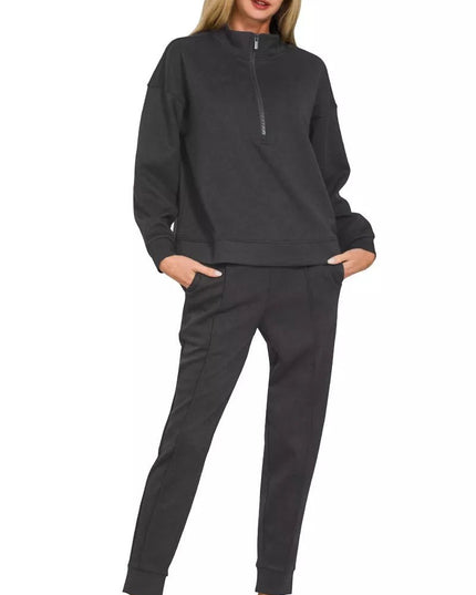 Zenana Scuba Half Zip Pullover and Jogger Set - Sleekdenim.com