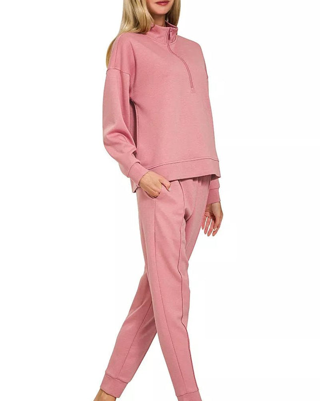 Zenana Scuba Half Zip Pullover and Jogger Set - Sleekdenim.com