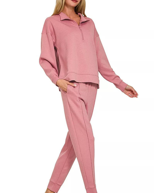 Zenana Scuba Half Zip Pullover and Jogger Set - Sleekdenim.com