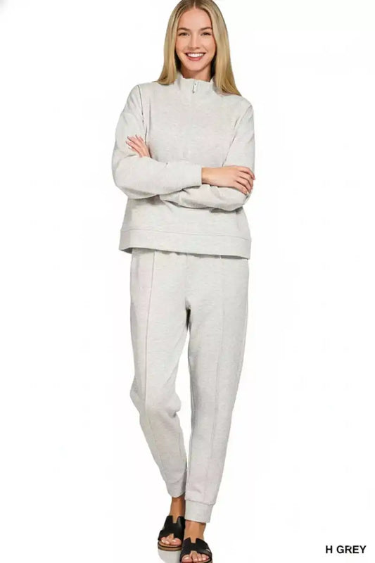Zenana Scuba Half Zip Pullover and Jogger Set - Sleekdenim.com