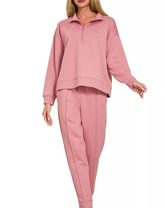 Zenana Scuba Half Zip Pullover and Jogger Set - Sleekdenim.com