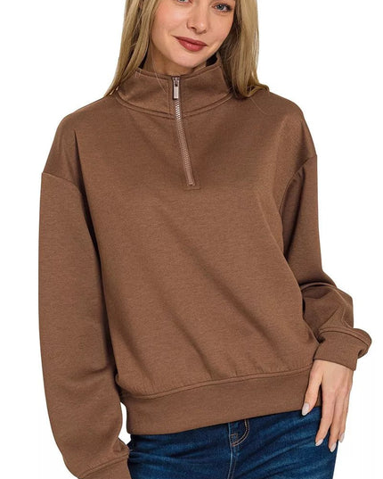 Zenana Scuba Half Zip Pullover Sweatshirt - Sleekdenim.com