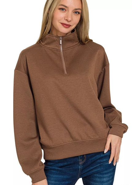 Zenana Scuba Half Zip Pullover Sweatshirt - Sleekdenim.com