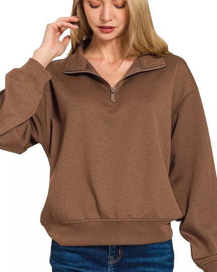 Zenana Scuba Half Zip Pullover Sweatshirt - Sleekdenim.com