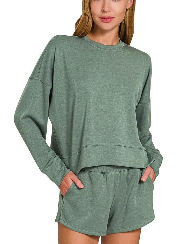 Zenana Scuba Long Sleeve Sweatshirts & Shorts Set - Sleekdenim.com