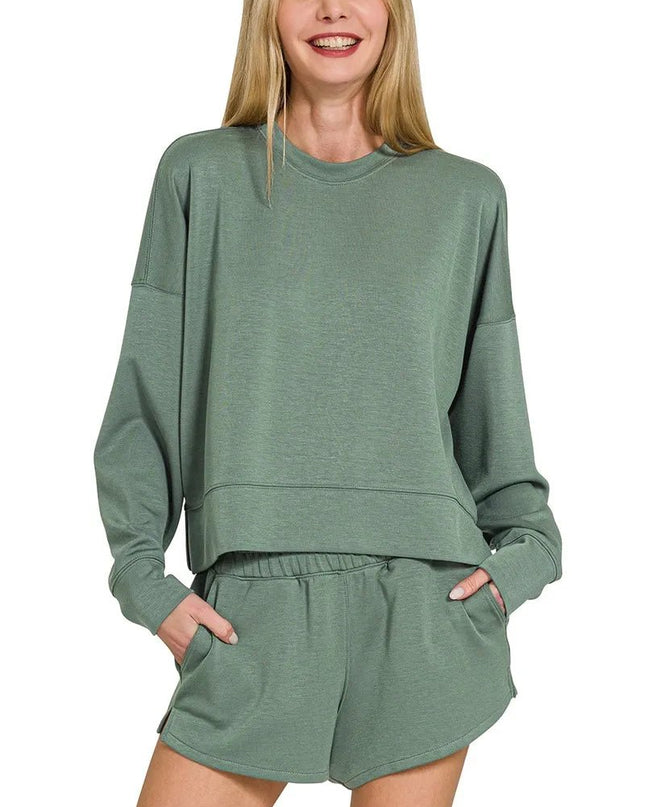 Zenana Scuba Long Sleeve Sweatshirts & Shorts Set - Sleekdenim.com