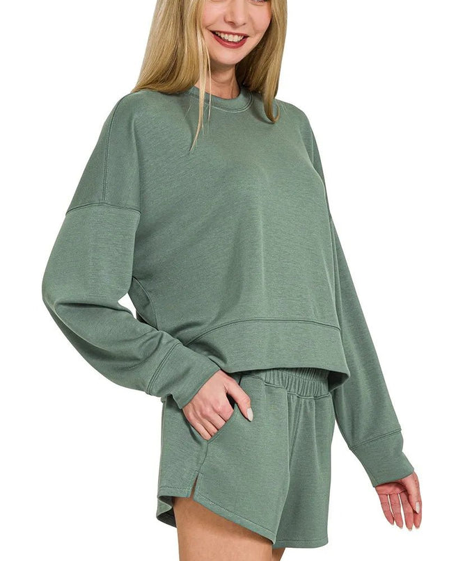 Zenana Scuba Long Sleeve Sweatshirts & Shorts Set - Sleekdenim.com