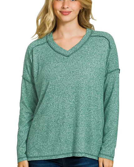 Zenana Soft Melange Hacci Exposed Seam Hi - low Tee - Sleekdenim.com