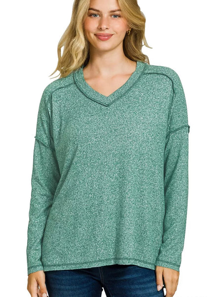 Zenana Soft Melange Hacci Exposed Seam Hi - low Tee - Sleekdenim.com