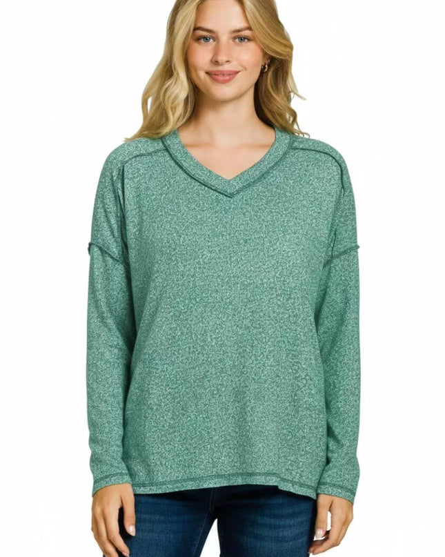 Zenana Soft Melange Hacci Exposed Seam Hi - low Tee - Sleekdenim.com