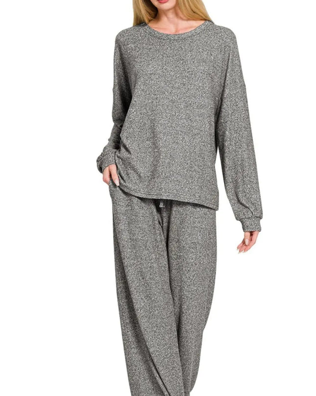 Zenana Soft Melange Hacci Long Slv Tee & Pants Set - Sleekdenim.com