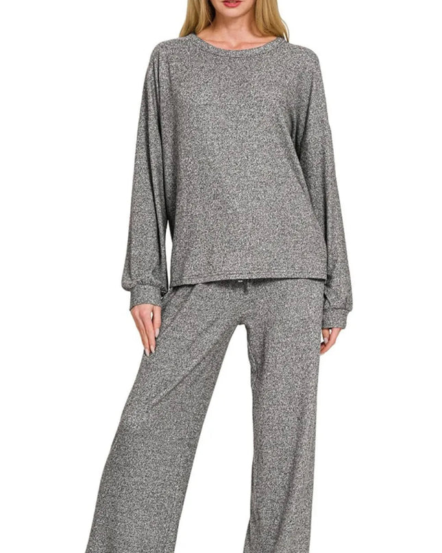 Zenana Soft Melange Hacci Long Slv Tee & Pants Set - Sleekdenim.com
