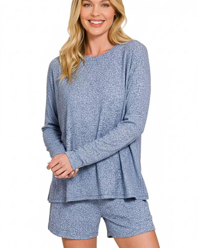 Zenana Soft Melange Long Sleeve Tee and Shorts Set - Sleekdenim.com