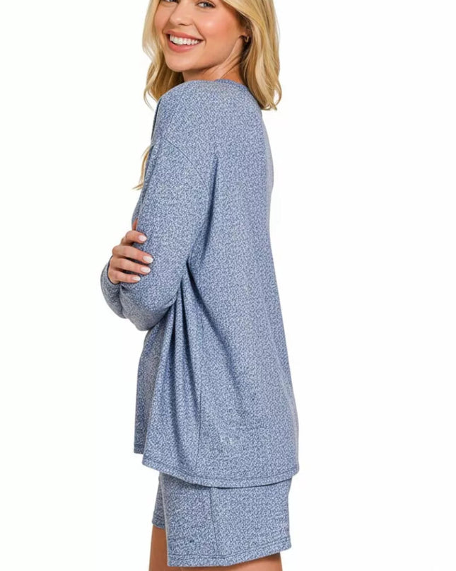Zenana Soft Melange Long Sleeve Tee and Shorts Set - Sleekdenim.com