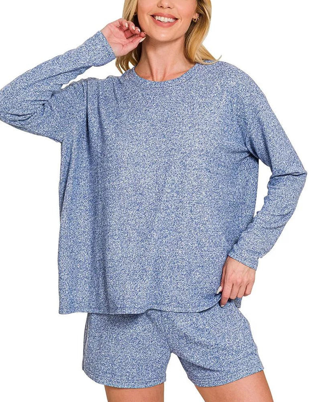 Zenana Soft Melange Long Sleeve Tee and Shorts Set - Sleekdenim.com