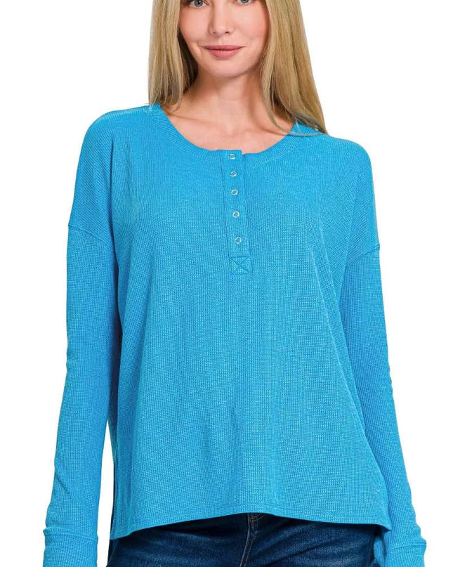 Zenana Waffle Thumb Hole Cuffs Henley Tee - Sleekdenim.com