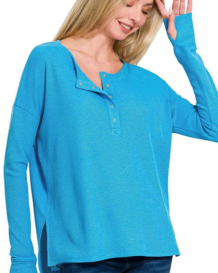 Zenana Waffle Thumb Hole Cuffs Henley Tee - Sleekdenim.com