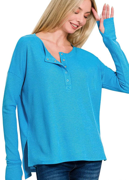 Zenana Waffle Thumb Hole Cuffs Henley Tee - Sleekdenim.com