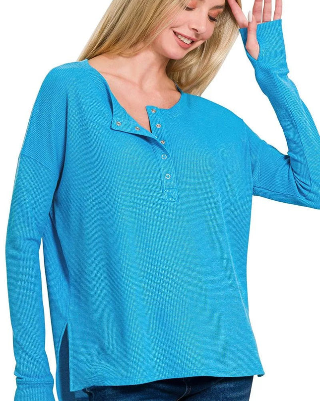 Zenana Waffle Thumb Hole Cuffs Henley Tee - Sleekdenim.com