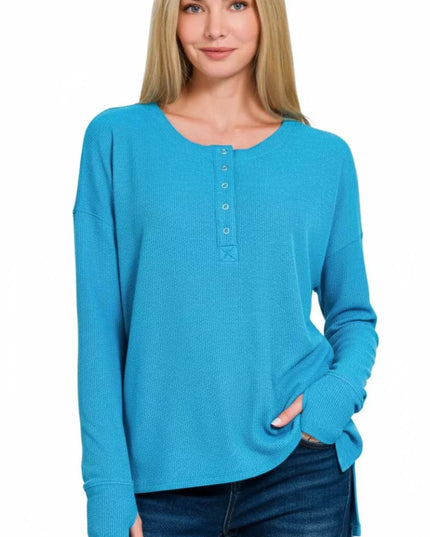 Zenana Waffle Thumb Hole Cuffs Henley Tee - Sleekdenim.com