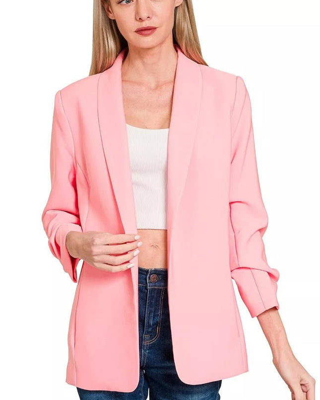 Zenana Woven 3/4 Ruched Sleeve Open Front Classic Blazer - Sleekdenim.com