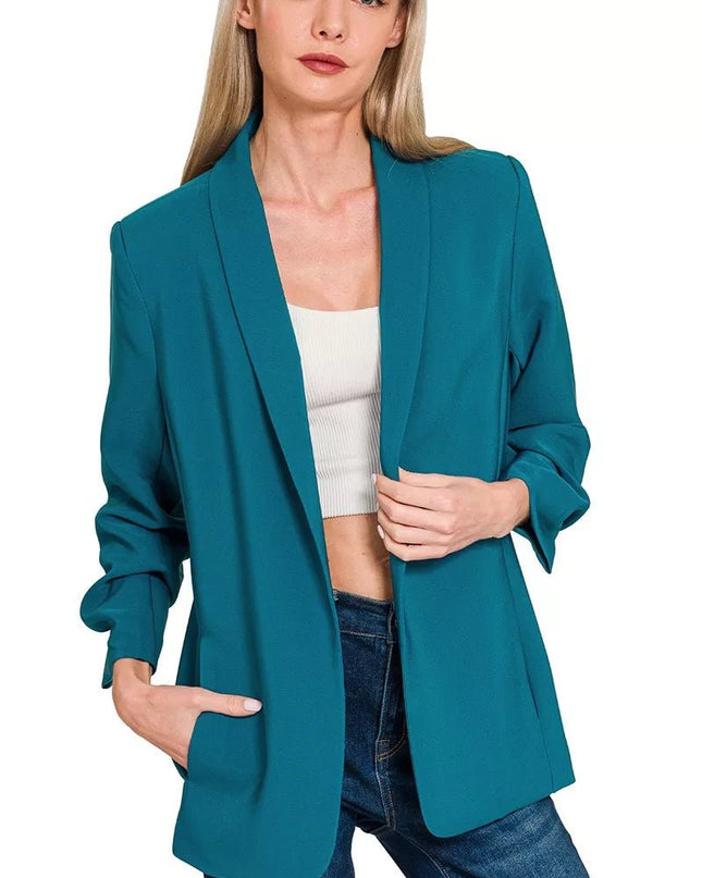 Zenana Woven 3/4 Ruched Sleeve Open Front Classic Blazer - Sleekdenim.com