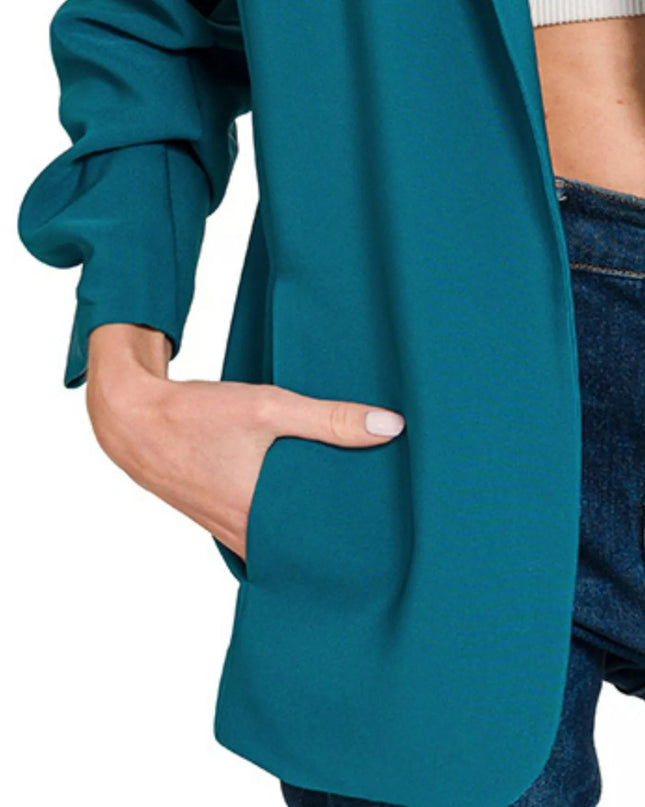 Zenana Woven 3/4 Ruched Sleeve Open Front Classic Blazer - Sleekdenim.com