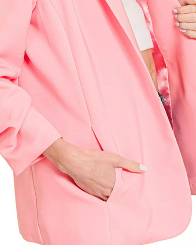 Zenana Woven 3/4 Ruched Sleeve Open Front Classic Blazer - Sleekdenim.com