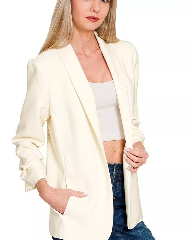 Zenana Woven 3/4 Ruched Sleeve Open Front Classic Blazer - Sleekdenim.com