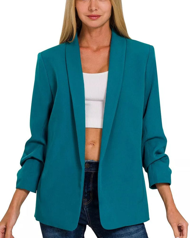 Zenana Woven 3/4 Ruched Sleeve Open Front Classic Blazer - Sleekdenim.com