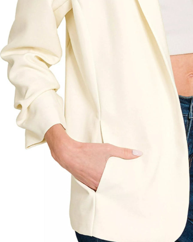 Zenana Woven 3/4 Ruched Sleeve Open Front Classic Blazer - Sleekdenim.com